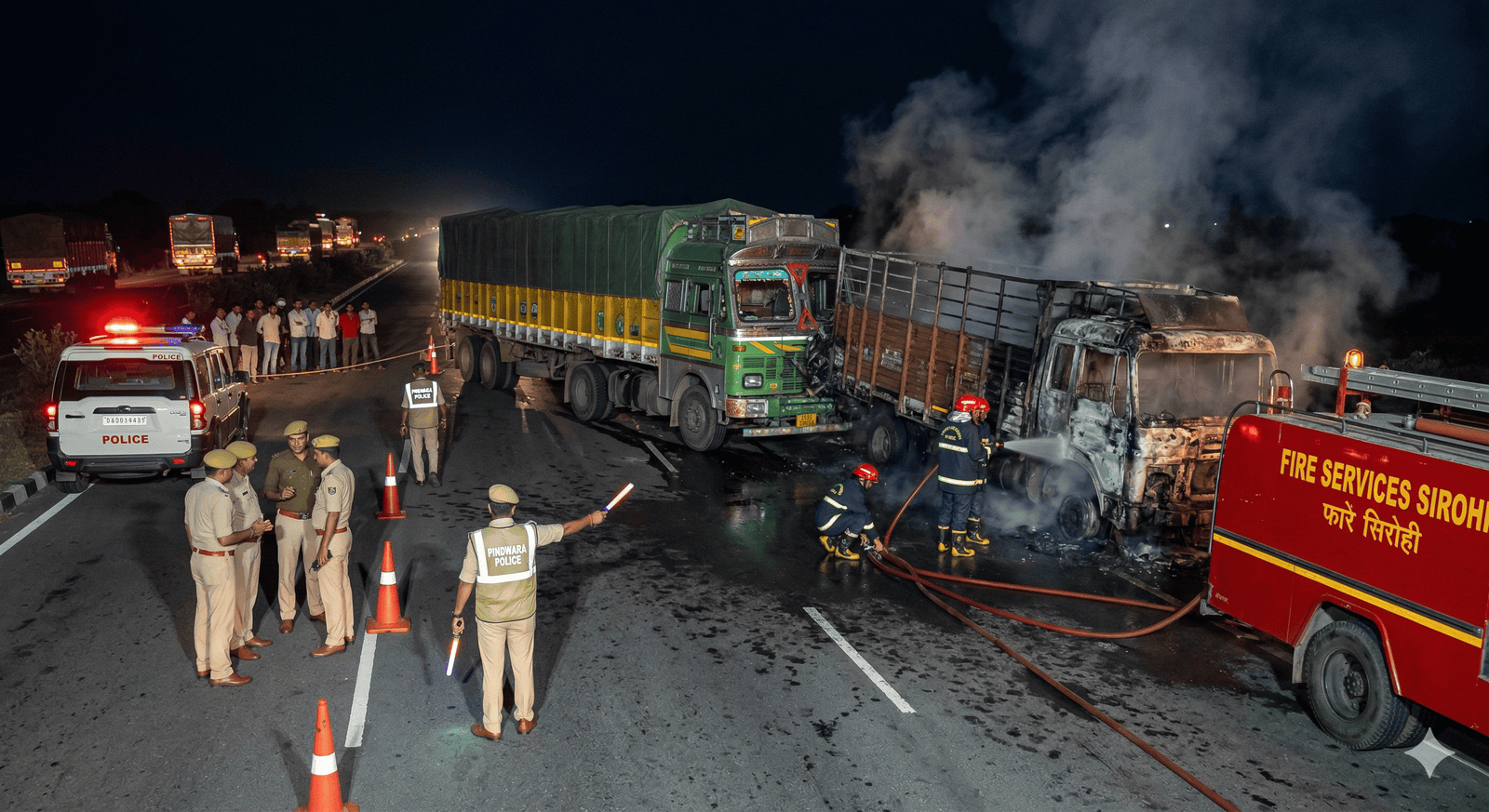 सानवाड़ा-वीरवाड़ा हाईवे पर ट्रेलर-ट्रक भिड़ंत, ट्रक में लगी आग — फायर ब्रिगेड ने बचाया, बड़ा हादसा टला